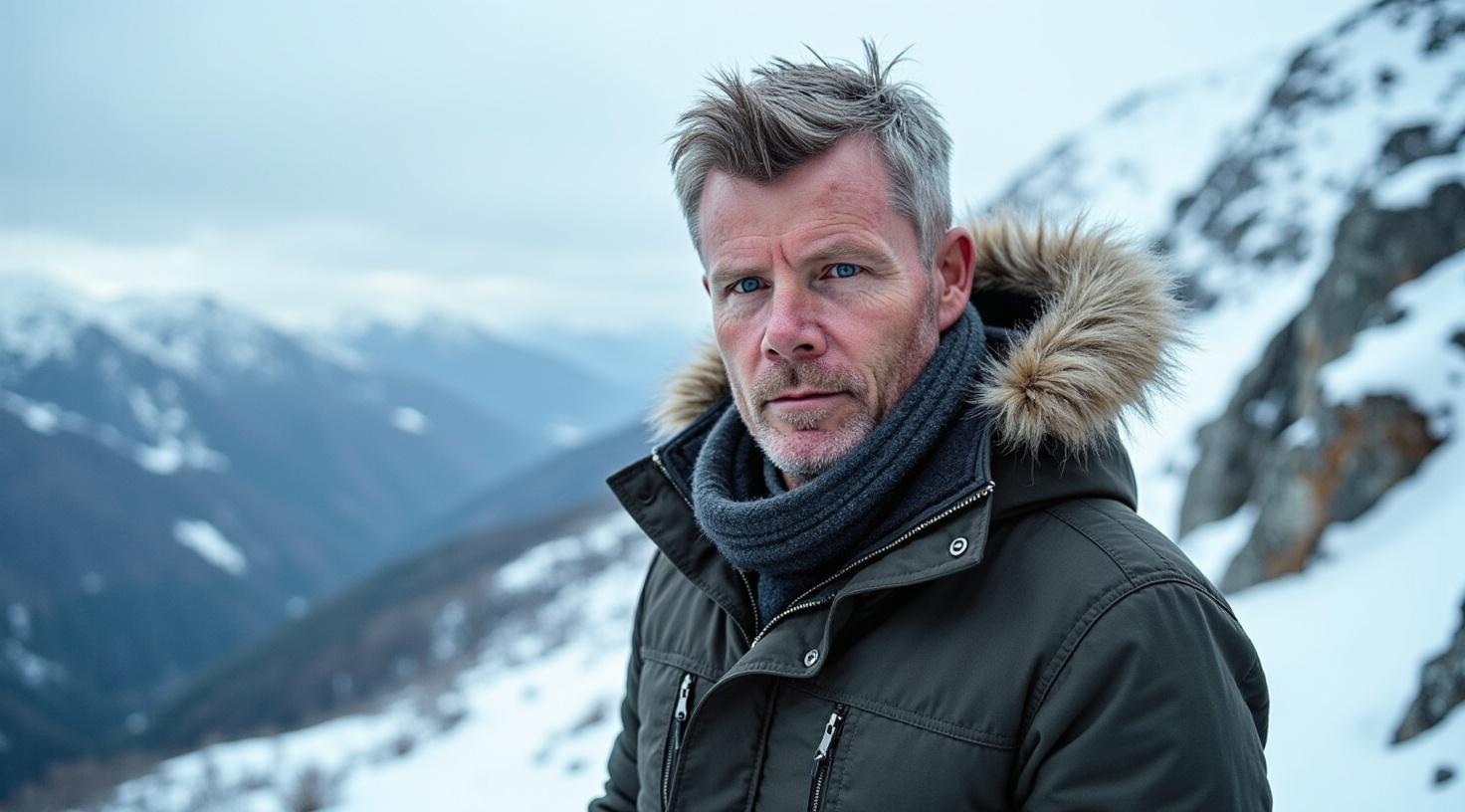 Lee Powell standing alone amid mountains; the threshold moment — the man deciding to rebuild.