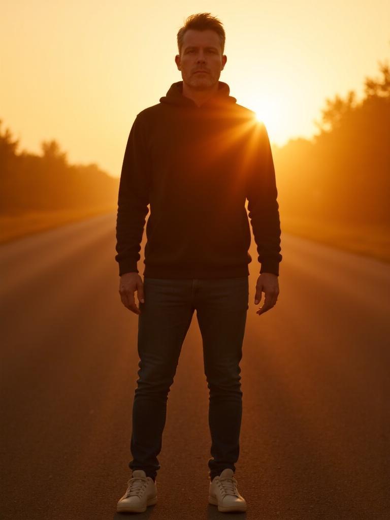 Lee Powell standing at sunrise on open road